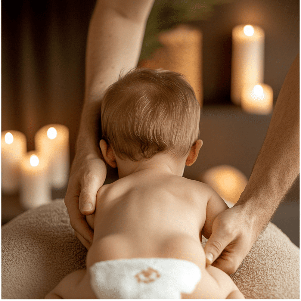 Un bébé installé pour un petit massage