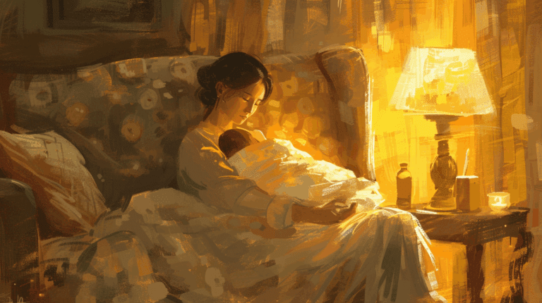 Une maman, au calme avec son nourrisson endormi